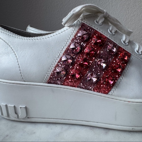 Miu Miu Crystals Glitter White Leather Platform Sneakers Size 10‎ - Picture 2 of 11